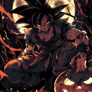 a dragon sitting on top of a pumpkin in front of a full moon and tree Halloween Goku Halloween Goku, Ghost Goku, Goku Pumpkin, Gohan Halloween, Goku Vampire, black
