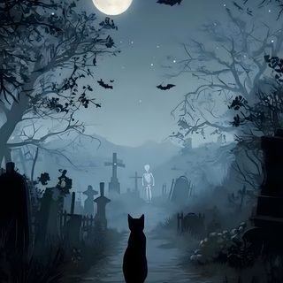 a black cat sitting in the middle of a cemetery at night with bats flying overhead Halloween Cat Gif Krishna, Black Cat Live, Live, Black Cat, Halloween, dark slate gray