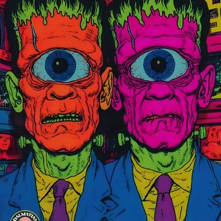 Halloween Pop Art, Trippy Halloween Painting, Rat Fink, Cool Tattoo Drawings, Monster Mash Art, Retro Horror Pop Art, Pop Art Frankenstein, Retro Zombie Art, Vintage Frankenstein Art Halloween Cyclops Halloween Pop Art, Trippy Halloween Painting, Rat Fink, dark slate gray