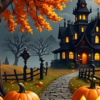 two pumpkins sitting on the ground in front of a house with bats flying around Halloween Phone Backgrounds Fall Pumpkin Patch, Fall Vibes, Sunflower Iphone, Autumn Tattoo, saddle brown