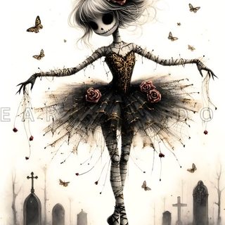 a drawing of a woman in a dress with roses on her head and butterflies flying around Halloween Ballerina old lace