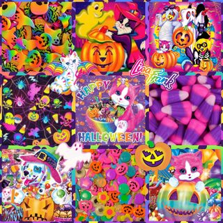 a collage of halloween themed images with candy and candies in the center, Lisa Frank Halloween Halloween Mood Board, Lisa Frank Halloween, Lisa Frank Illustration, indian red