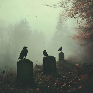 three black birds sitting on top of tombstones in the foggy forest with trees Halloween Graveyard gray