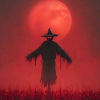 a scarecrow standing in the middle of a cornfield under a full red moon Halloween Watch Your Back Dark Forest, Clair De Lune, Scarecrow, Ghost In Cornfield, saddle brown