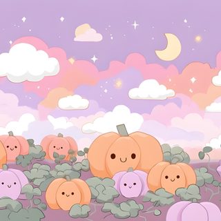 cartoon pumpkins in a field with clouds and stars Pastel Halloween Medium-pumpkin Patch Cute Halloween Laptop, Cute Girly Desktop Backgrounds, Pc Halloween, thistle