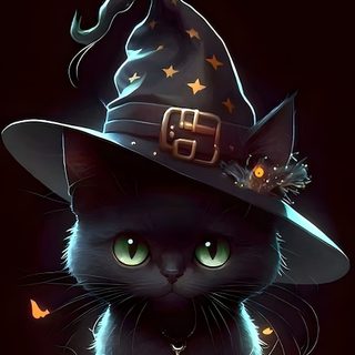 a black cat wearing a witches hat on top of it's head and sitting down Halloween Kitten Hd Witch Cat Pictures, Good Night Halloween Images, Halloween Good Night, black