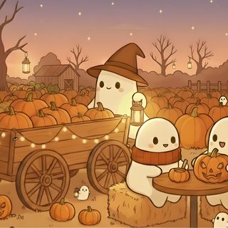 two cartoon characters sitting on hay in front of pumpkins and a wagon with jack - o'- lanterns Halloween Pumpkin Patch Pumpkin Patch Anime, Halloween Computer, Halloween Ipad, Computer Backgrounds, peru