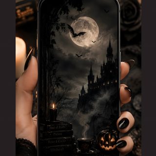 a woman holding up an iphone with a halloween scene on it Modern Smartphone With Halloween Twisted Tree, Haunted Castle, Dark Gothic, Gothic Halloween, black