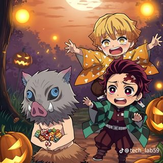 two children are standing in the woods with pumpkins Demon Slayer Halloween Demon Slayer Halloween, Iphone Disney Princess, Demon Slayer Halloween Pictures, sienna