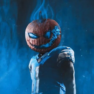 a football player with a pumpkin on his head and flames coming out of his face Halloween Football Darnell Mooney, Ole Ole Jaxson Dart, Dodgers Halloween, Duke Football, dark slate gray