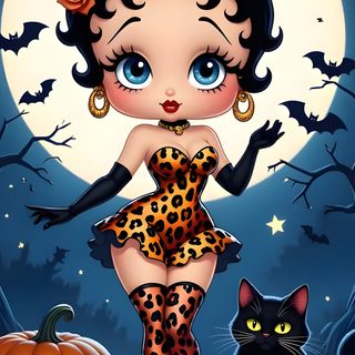 a woman in leopard print dress standing next to a black cat and pumpkin with full moon behind her Betty Boop Halloween Miss Betty, Betty Boop With Cat, Betty Pops, dark slate gray