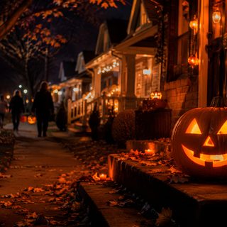 two jack o lantern pumpkins sitting on the side of a building at night with people walking by Halloween 2018 4k black