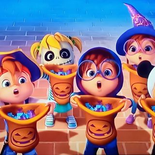 several cartoon characters are holding buckets with candy in their hands and wearing halloween costumes Alvin And The Chipmunks Halloween The Chipettes, Chipmunks Halloween, Alvin Chipmunks Halloween, gray