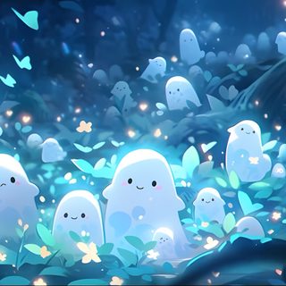 some little white ghost in the middle of a forest Cute Light Blue Halloween Cute For Chromebook, Pc Wallapers Aesthetics, Gamer For Ipad,