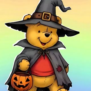 a teddy bear wearing a witches hat and holding a pumpkin Disney Halloween Winnie The Pooh tan