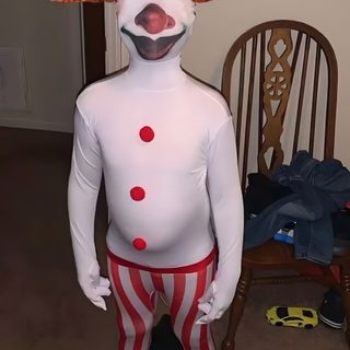 a creepy clown is standing in the middle of a room with a chair and other items Goofy Ahh Halloween Pennywise Halloween Costume, Clown Clothes, Creepy Clown, Clown Costume, dark olive green