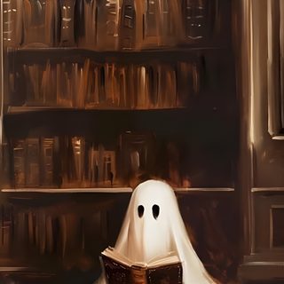 a painting of a ghost reading a book in front of a library full of books Halloween Reading Halloween Book Painting, Halloween Bookshelf Painting, Halloween Library, dark slate gray
