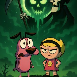 two cartoon characters standing next to each other in front of a dark green background with a skull Cartoon Network Halloween Cartoon Simpsons, Cartoon Network 4k, Billy And Mandy Cartoon, Billy Y Mandy, black