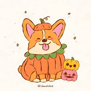 a drawing of a corgi sitting next to a pumpkin Cute Halloween Dog Cartoon seashell