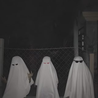 three people in white ghost costumes standing next to each other on a fence at night Halloween Not Blurry Three Ghosts Aesthetic, 3 Ghost Aesthetic, Ghost Trio, dark slate gray