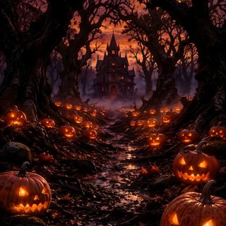 halloween pumpkins are lit up in the dark forest with castle in the background at night Halloween Pumpkin Path black