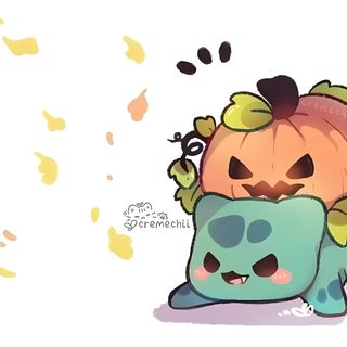 two cartoon characters hugging each other in front of a white background with orange and yellow leaves Halloween Bulbasaur Halloween Bulbasaur Tattoo, Halloween Charmander Drawing, Halloween Pokemon Bulbasaur, white