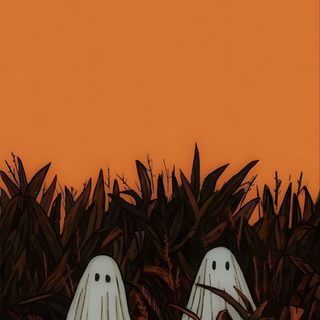 two white ghost like figures peeking out from the ground in front of some plants and an orange sky Vintage Halloween Orange Autumn Phone, October, Halloween Iphone Backgrounds, Image Halloween, chocolate