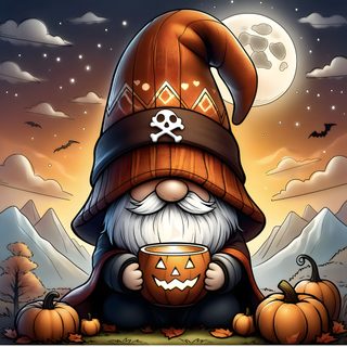 an image of a cartoon character holding a pumpkin Halloween Gnome Desktop Halloween Gnome Ideas, Halloween Gnomes, Scary Gnome Drawing, sienna