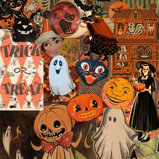 a collage of halloween images with pumpkins, cats and other things on them Vintage Halloween Collage Halloween Characters Collage, Vintage Halloween Scrapbook Ideas, Retro Halloween Desktop, saddle brown