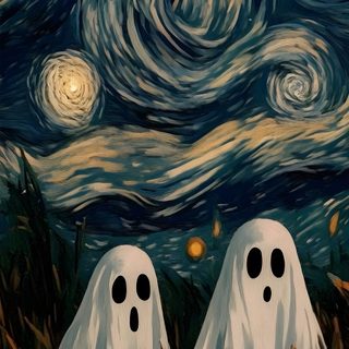 two white ghost faces are in the grass under a starry night Van Gogh Halloween Oil Pastel Paintings, Whimsical Paintings, Halloween Painting, dark slate gray