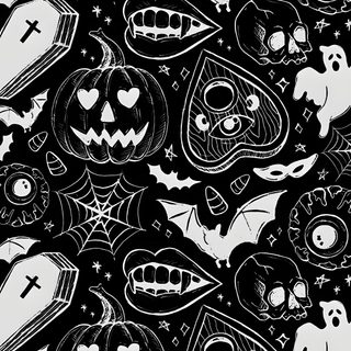 black and white halloween themed wallpaper with skulls, bats, pumpkins and ghost heads Gothic Halloween Pattern In Black And Alexander Mcqueen Scarf, Halloween Ouija,