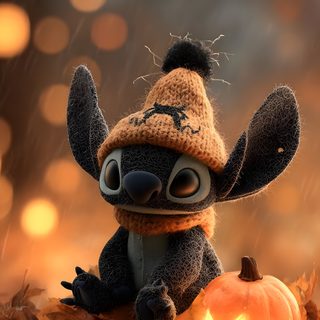 a stuffed animal wearing a knitted hat and scarf sitting on leaves in the rain Lock Screen Stitch Halloween Stitch Fall, Stitch Fall Iphone, Autumn Stitch, Fall Stitch, dark olive green