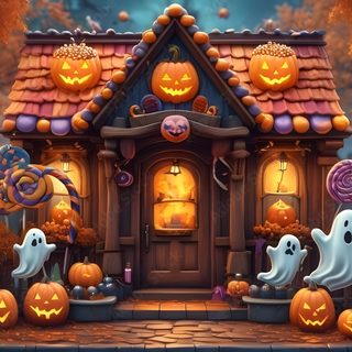 a house decorated for halloween with pumpkins and jack - o'- lanterns Halloween Candy House Halloween, Whimsical Illustration, Spooky Halloween, Cute Animals, Animals, saddle brown