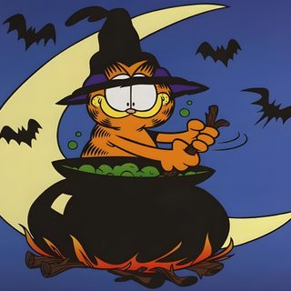 a cartoon cat sitting on top of a caulder with bats flying around it Halloween Garfield Garfield Magician, Magic Garfield, Garfield Witch, Halloween Garfield Pfp, dark slate blue