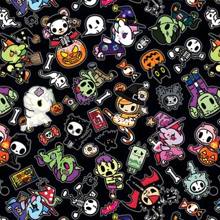a bunch of stickers that are on a black background with skulls and pumpkins Tokidoki Halloween Skelanimals Laptop, Tokidoki Goth, Y2k Halloween Seamless Pattern, black