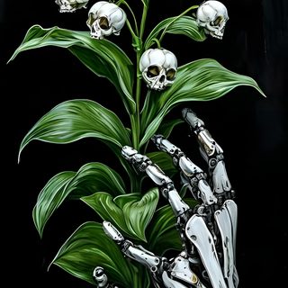 a skeleton hand holding a plant with white flowers Halloween Plant Skeleton With Flowers, Skeleton Hand, Skeleton Flowers, Grim Reaper Flower, black