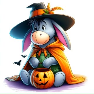 a cartoon rabbit dressed as a witch sitting on top of a pumpkin Eeyore Halloween Eeyore Pictures, Halloween Funny, Animated Images, Cute Baby Animals, Autumn Scenes, seashell