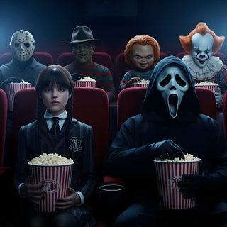 the movie poster for it's about time, with three people in masks and popcorn boxes Halloween Movies Horror Villains, Film Horror, Scary, Mulher Gato, Swag Cartoon, Horror Movie Posters, black