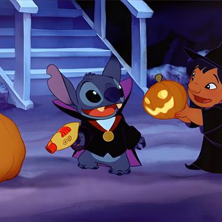 two cartoon characters dressed in halloween costumes and holding jack - o'- lanternes Halloween Stitch Gif Stitch Halloween Gif, Happy Halloween Stitch Gif, Halloween Stitch Gif, dark slate blue
