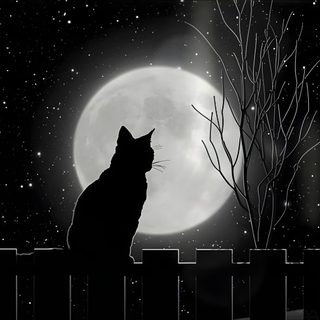 a cat sitting on a fence looking at the moon Desktop Black Cat Halloween Cat On Fence Under Moon, Two Cats Silhouettes At Night, Cat Sketch Under Moonlight,