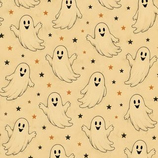 a group of ghost faces with stars in the background on parchment colored paper, which has been drawn by hand Retro Halloween Ivory khaki