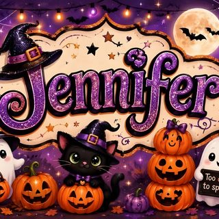 a group of halloween pumpkins sitting in front of a sign that says jennyfer Halloween-themed Name brown