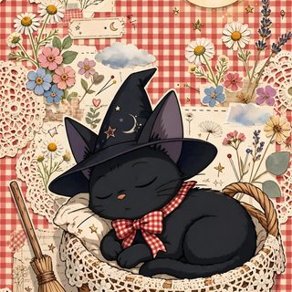 a black cat wearing a witches hat sitting in a basket Halloween Kittens dark salmon