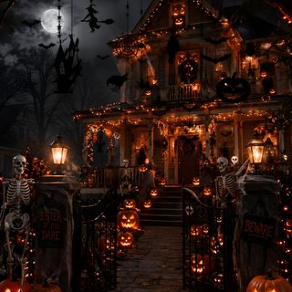 a house decorated for halloween with skeletons and pumpkins on the front porch, all lit up at night Halloween Halloween Haunted House black