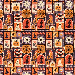 an orange and purple pattern with pumpkins, cats, and other things on it Halloween Celtic Tiles Custom Surface Design, Halloween, Design, chocolate