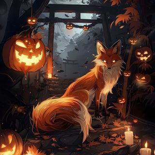 a fox sitting in the woods surrounded by pumpkins Therian Halloween Kitsune Pumpkin, Halloween Wolf, Halloween Dragon, Dragon Halloween, black