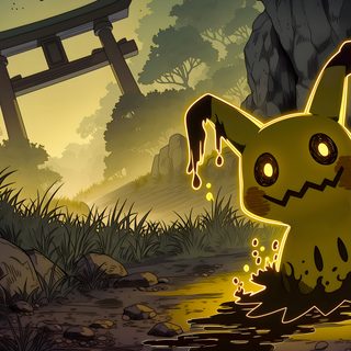 a cartoon pikachu standing in the middle of a forest Halloween Mimikyu Mimikyu Pc, Pokemon Game Intro, Mimikyu Laptop, Pokemon Pc, dark olive green