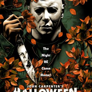a movie poster for halloween with the face of a man holding a knife and surrounded by leaves Halloween 1978 Michael Myers Halloween 1978 Halloween X Movie, Halloween Fan Poster, Mike Myers Horror, black