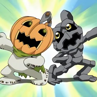 two cartoon characters dressed in halloween costumes Digimon Halloween Craniummon Digimon, Digimon Halloween, Pumpkinmon Gif, Digimon Pumpkinmon, silver
