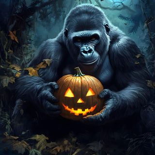 a gorilla holding a pumpkin in its hands Gorilla Tag Halloween Gorilla Tag Halloween, Scary King Kong, Halloween Monkey, black